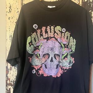 Collusion Size L Black Skull Eyes Print Logo T-shirt Unisex Oversized Cotton